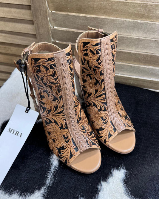 Myra Black & Brown Tooled Heel
