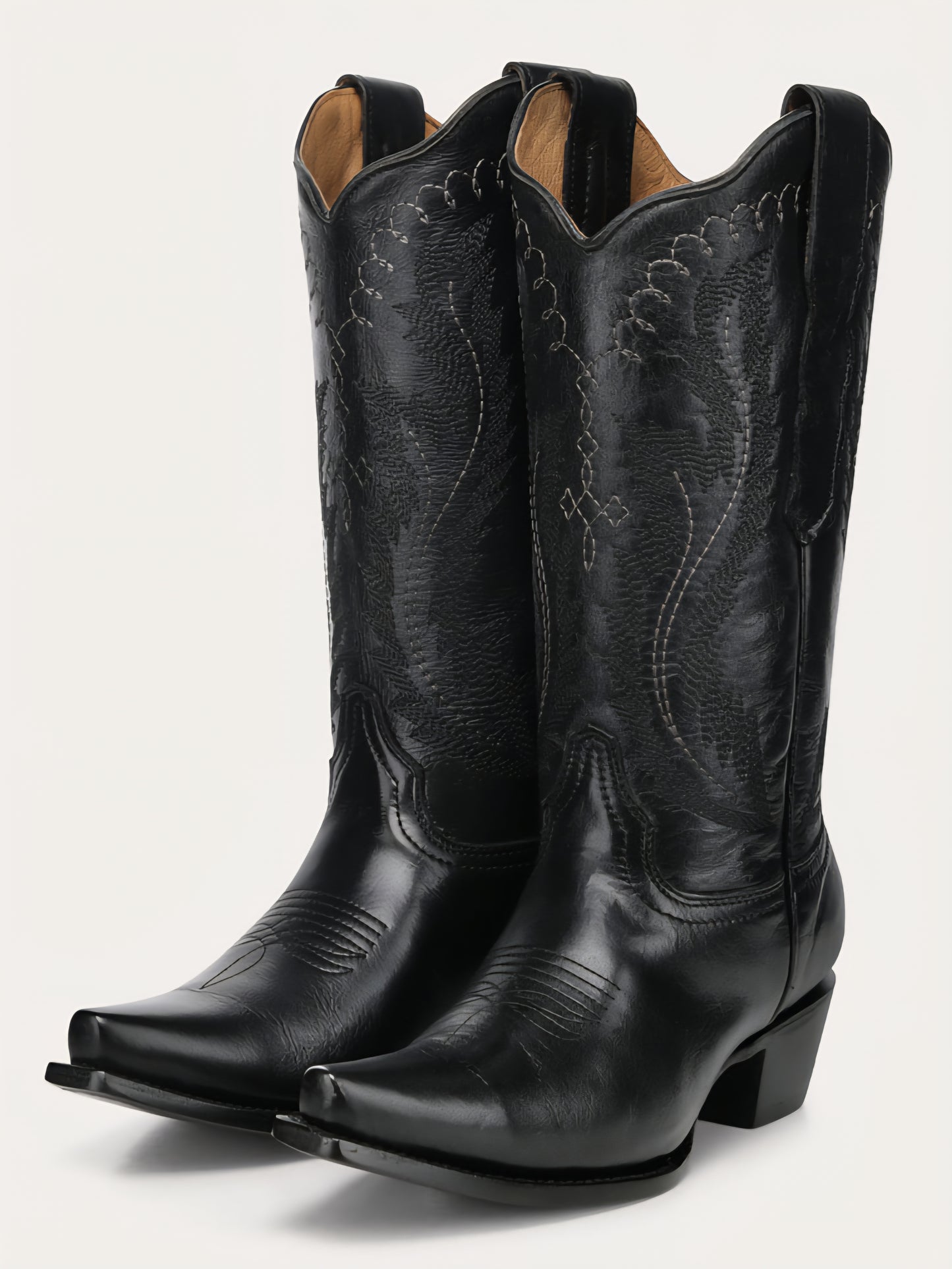 Black Embroidered Snip Toe Boots
