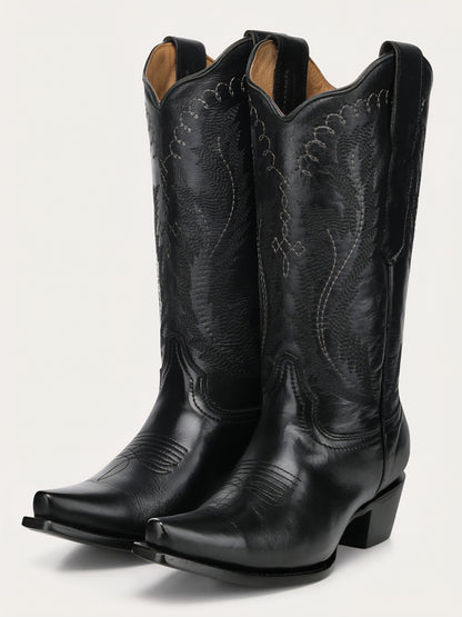 Black Embroidered Snip Toe Boots
