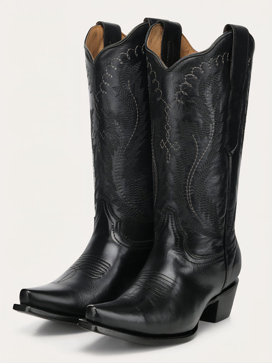 Black Embroidered Snip Toe Boots