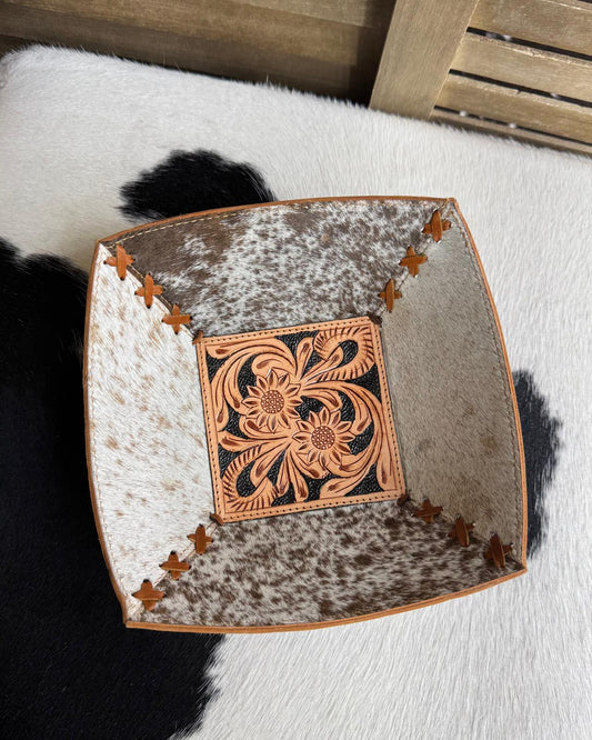 Caramel Tooled Cowhide Catch All Bowl