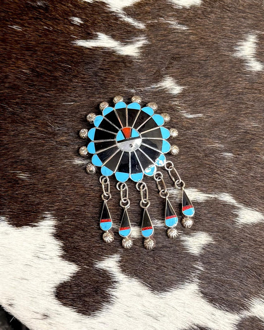 Zuni Sunface Black Onyx & Coral Brooch Pin *Native