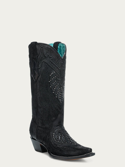 Black Studded Overlay/ Embroidered Boot