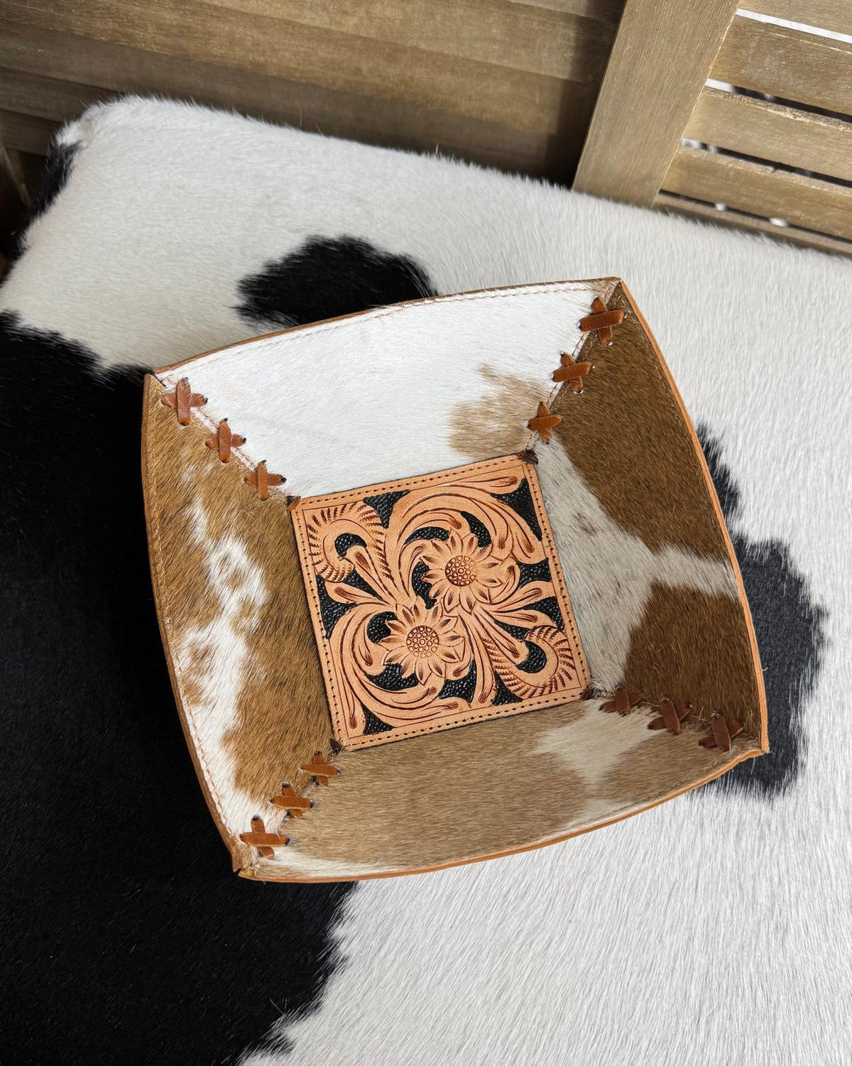 Caramel Tooled Cowhide Catch All Bowl