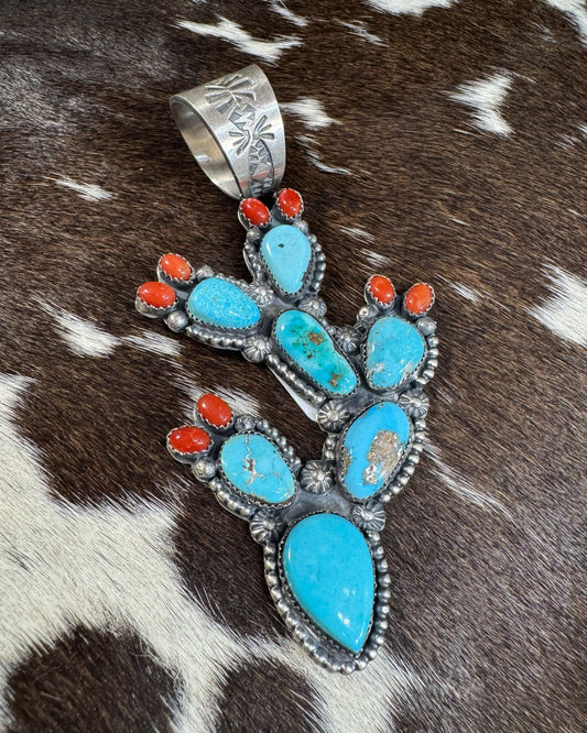 Vero Richard Yazza Turquoise Coral Cactus Pendant