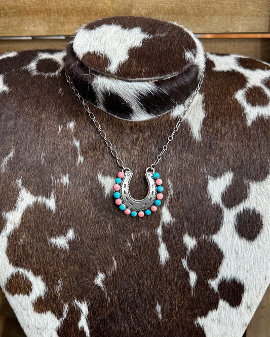 19" Turquoise & Pink Horseshoe Necklace *Native