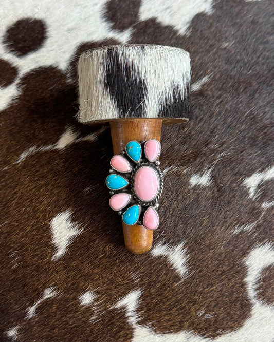 Turquoise & Pink Conch Half Cluster Ring *Native