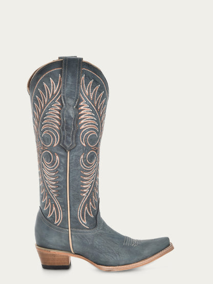 Distressed Blue Embroidery Boots