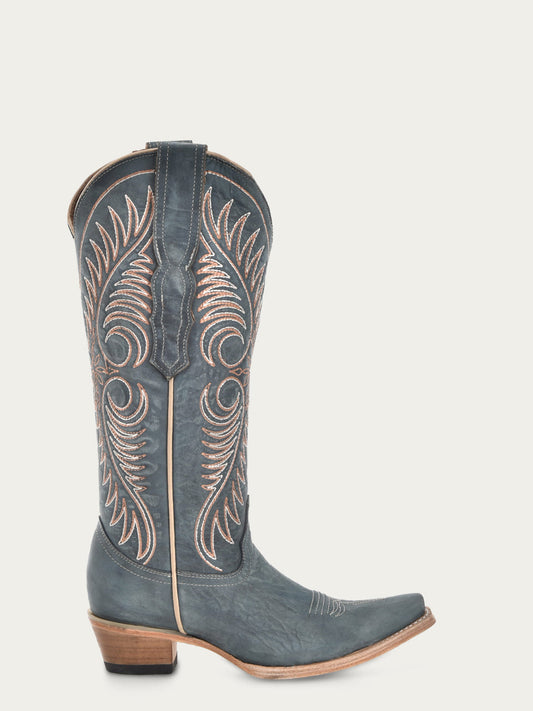 Distressed Blue Embroidery Boots