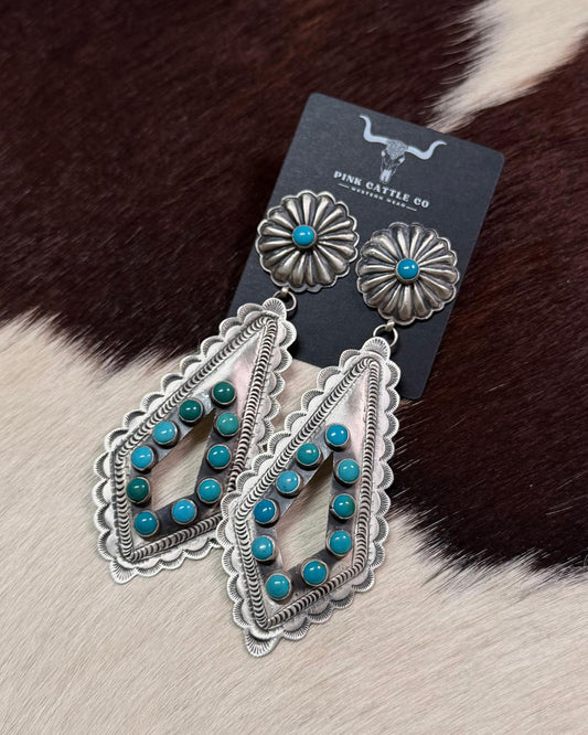 Sterling Turquoise Concho Diamond Dangles *Native