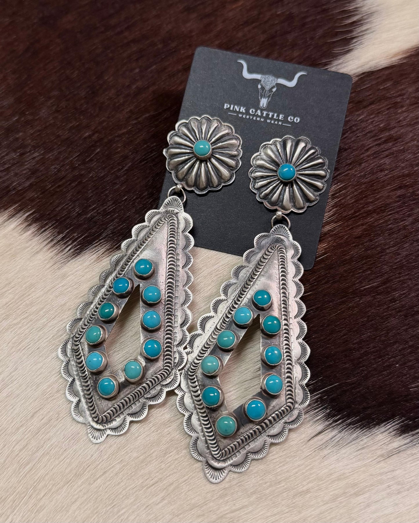 Sterling Turquoise Concho Diamond Dangles *Native