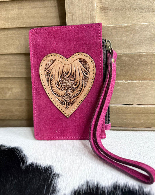 Suede Magenta Heart Wristlet