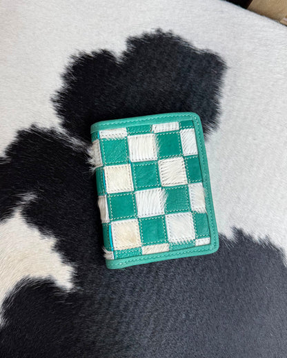 Small Turquoise Checkered Cowhide Wallet