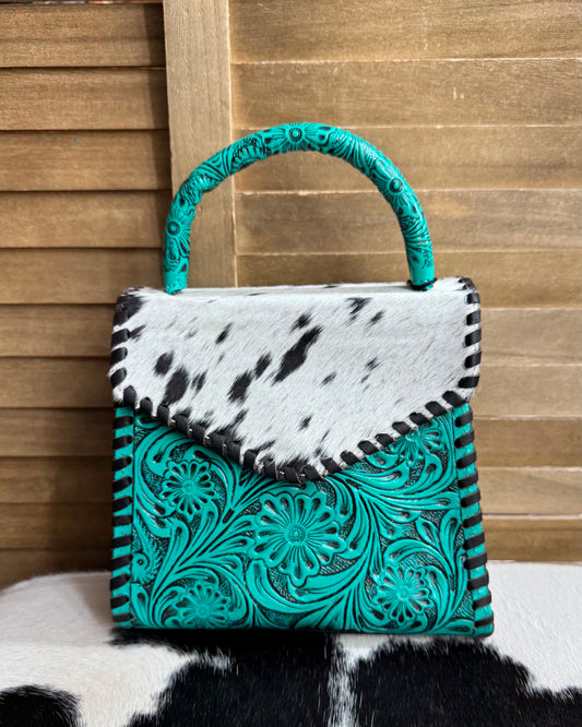 Turquoise Tooled Cowhide Handbag