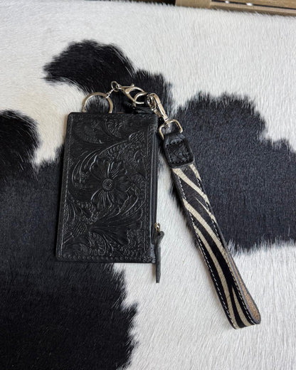 Tooled Leather Zebra Print Wristlet