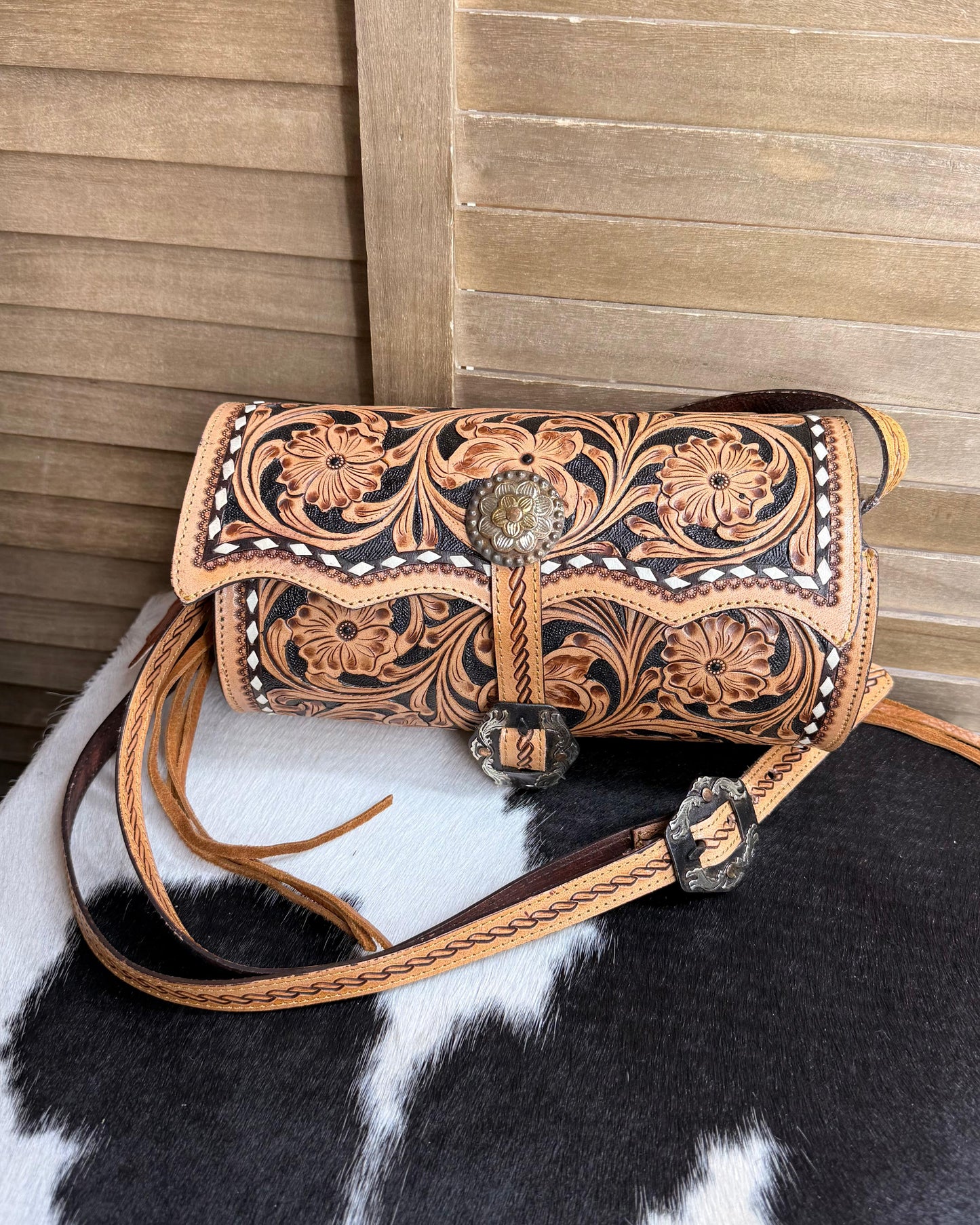 Tooled Fringe Barrel Crossbody
