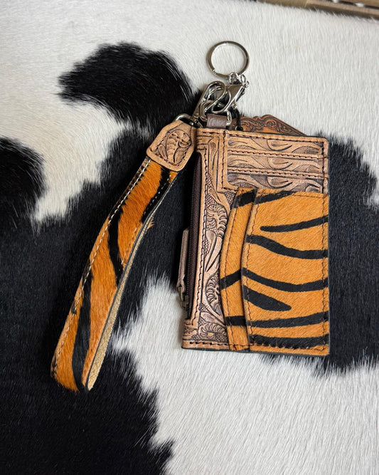 Tooled Leather Tiger Print  Wristlet