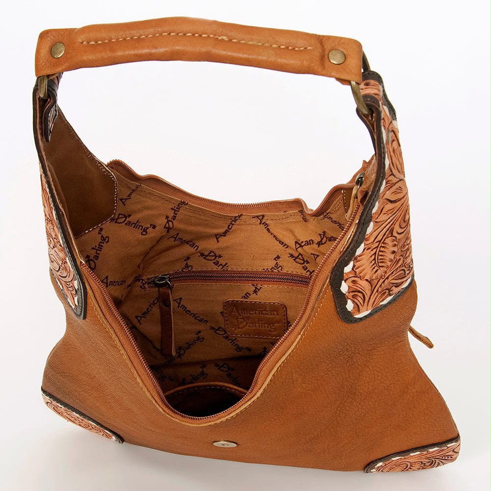 Brown Tooled Clasp Leather Shoulder Bag