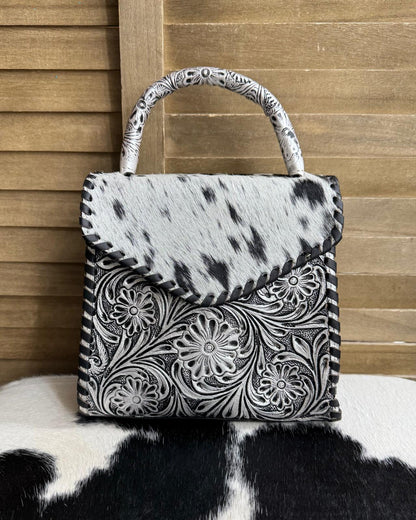 Silver Tooled Cowhide Handbag