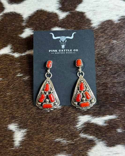 Sterling Coral Simple Dangle Earrings *Native