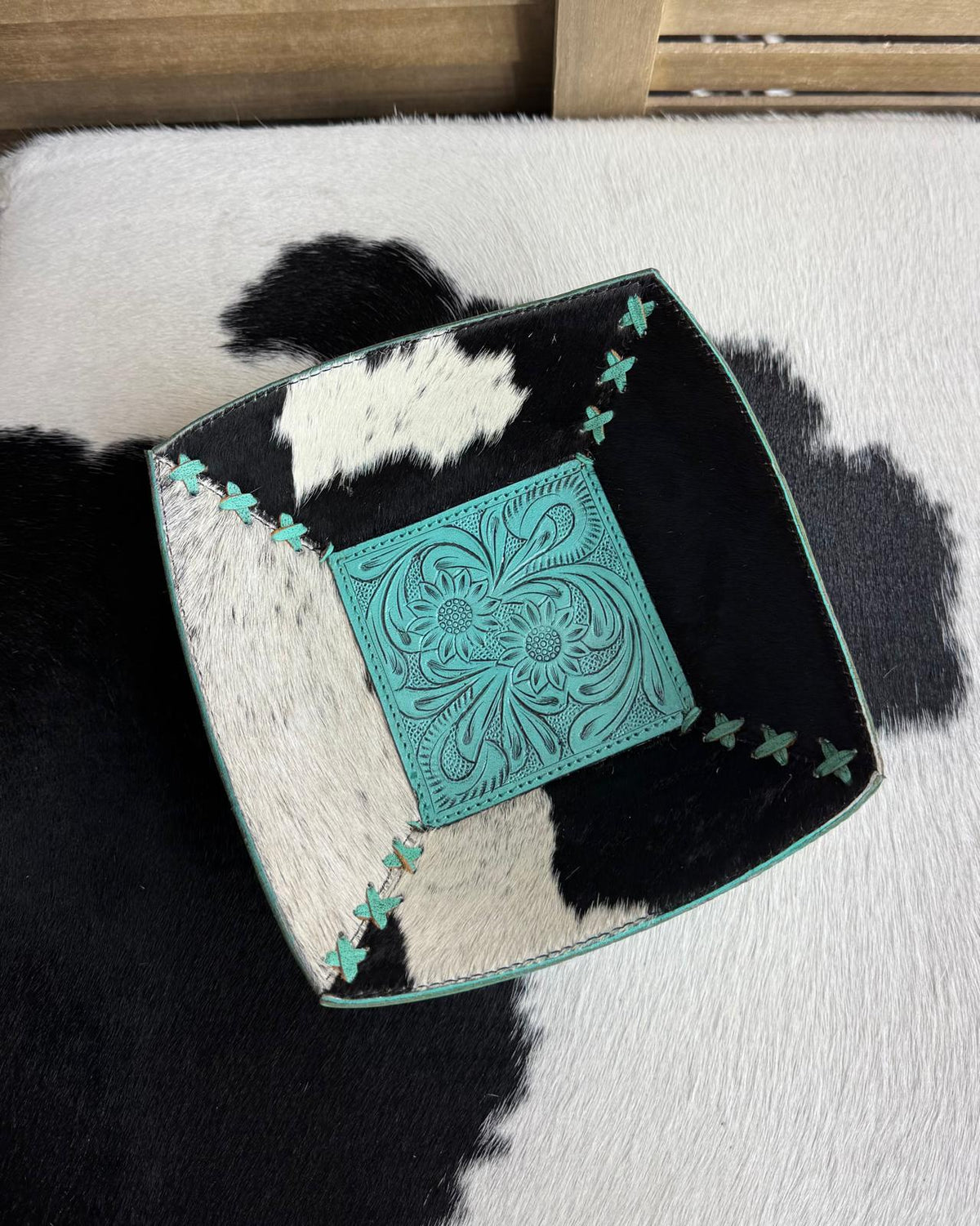 Turqouise Tooled Cowhide Catch All Bowl