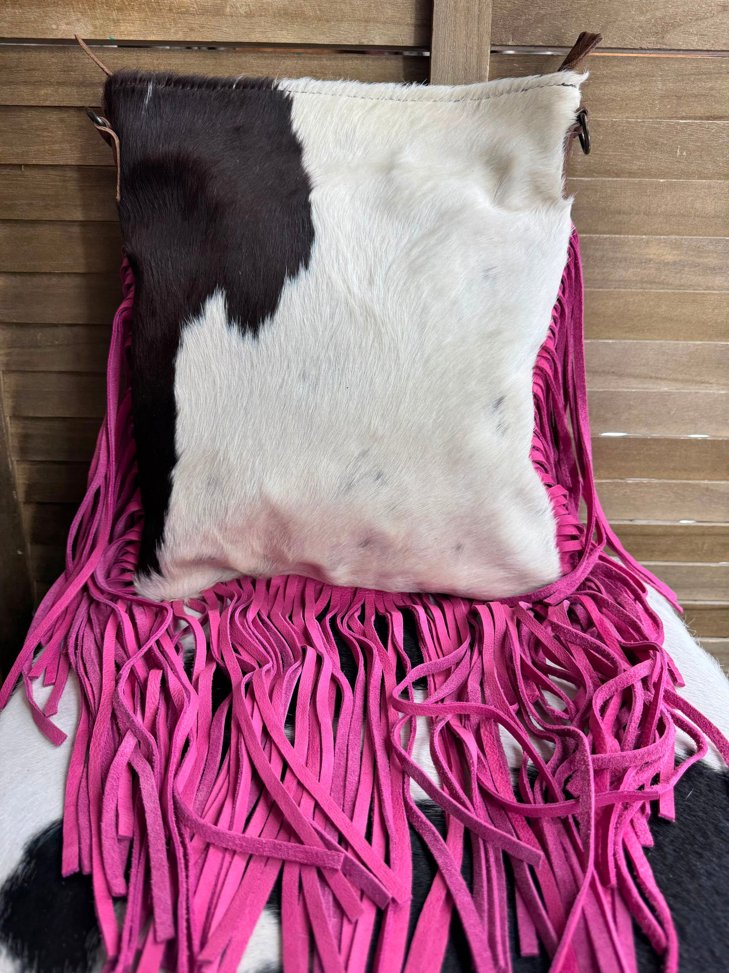 AD Pink Fringe Cowhide Crossbody Purse