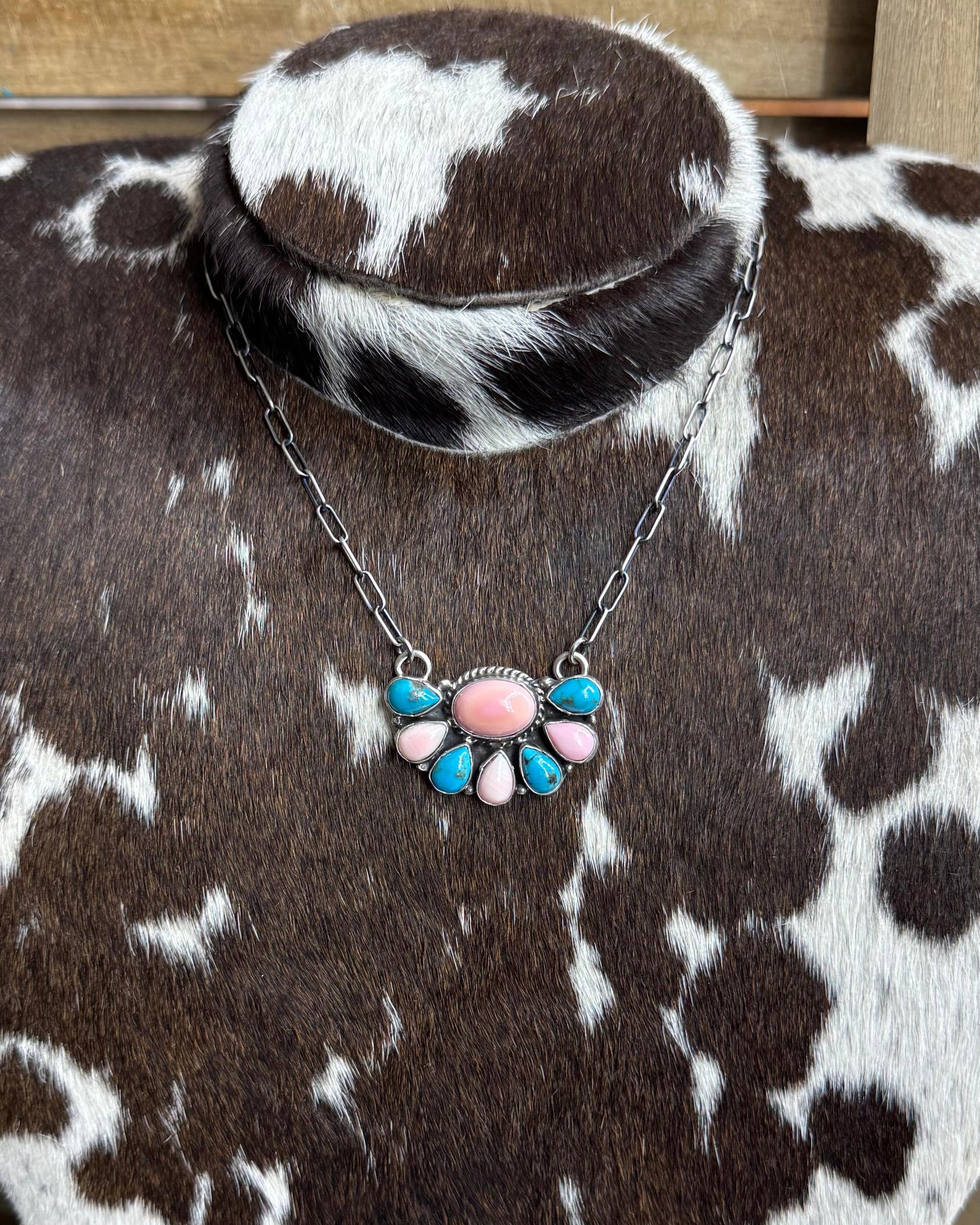20” Pink Conch & Turquoise Half Cluster*Native