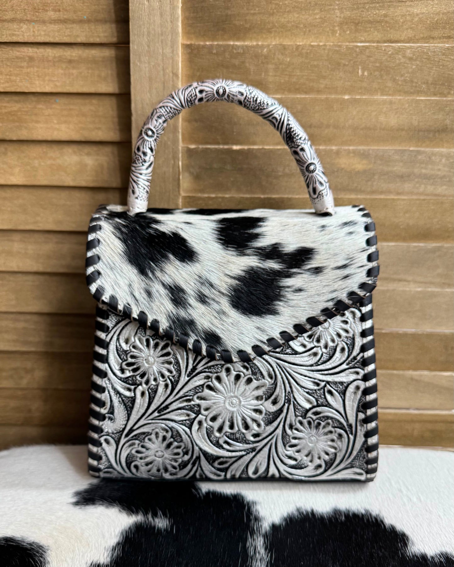 Silver Tooled Cowhide Handbag