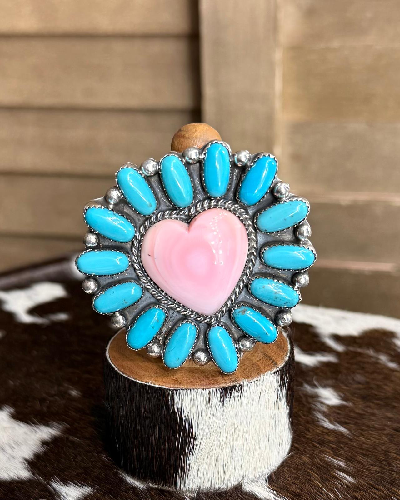 Turquoise & Pink Conch Heart Cluster Ring *Native