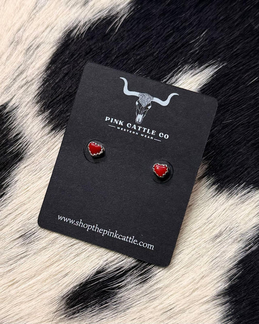 Mini Linda Yazzie Red Coral Heart Studs *Native