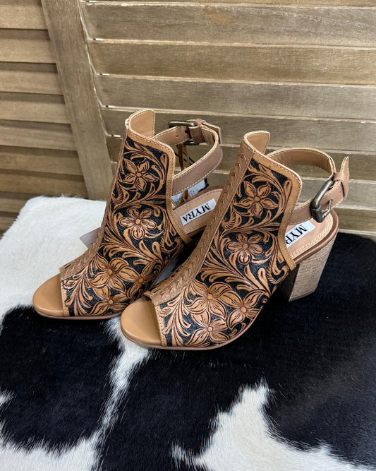 Myra Black & Brown Tooled Heel