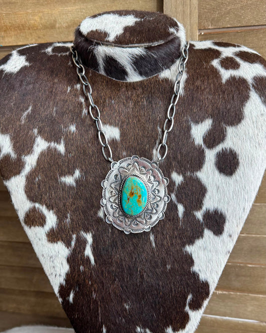 Turquoise & Silver Stamped Concho Necklace *Native