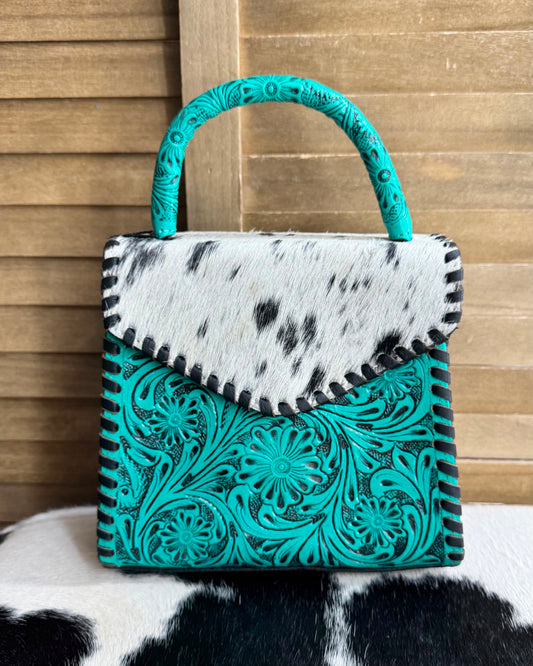 Turquoise Tooled Cowhide Handbag