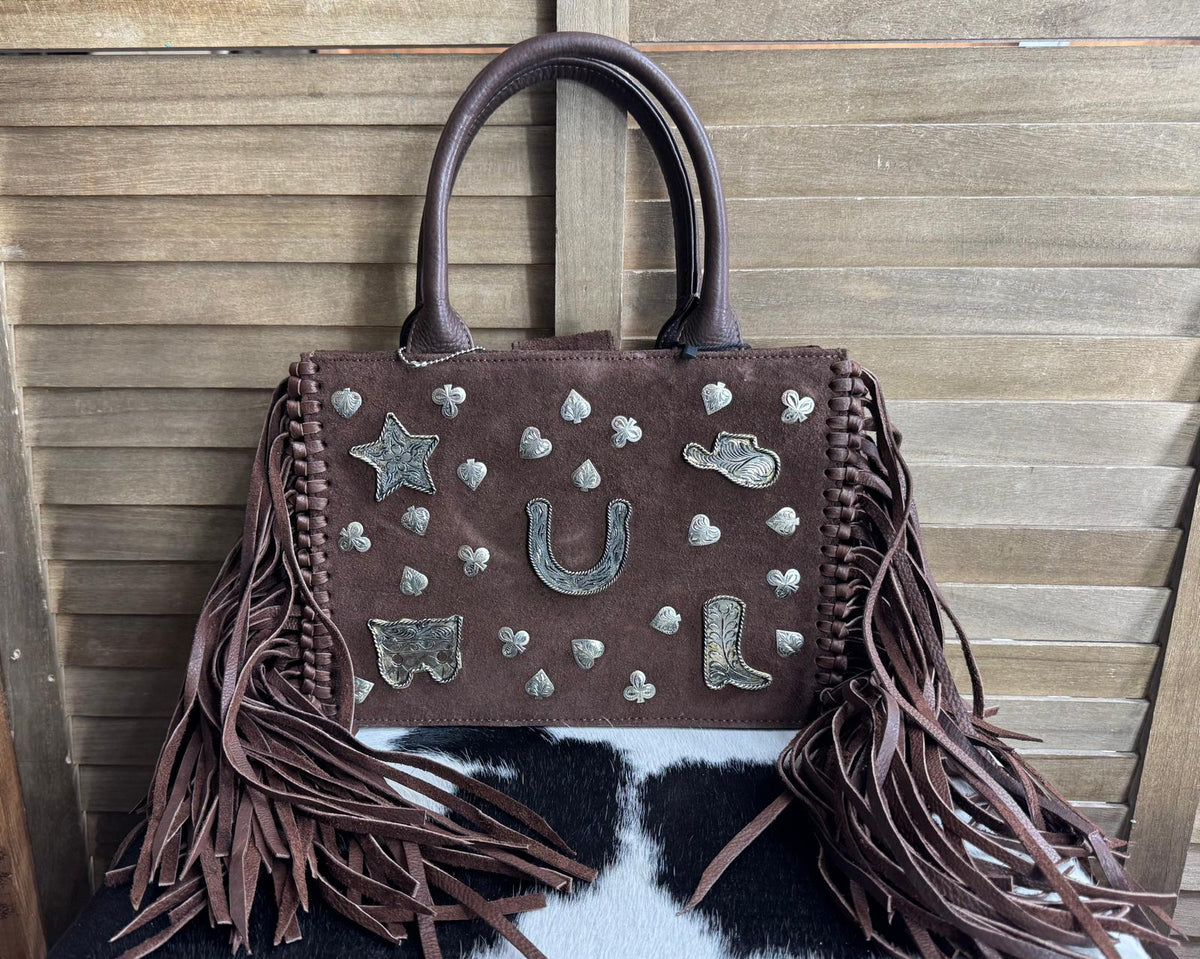 Brown Suede Horseshoe & Hearts w/fringe Purse