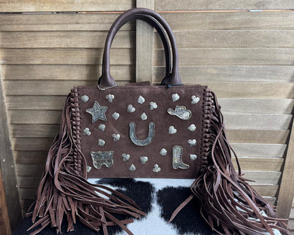 Brown Suede Horseshoe & Hearts w/fringe Purse
