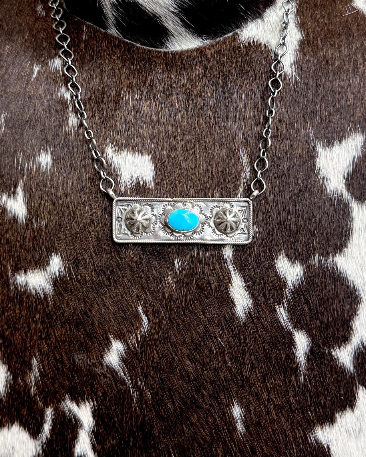 18" Turquoise Stone Silver Bar Necklace *Native