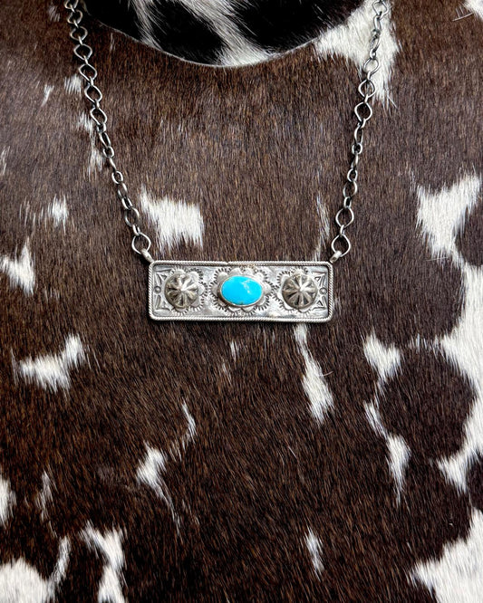 18" Turquoise Stone Silver Bar Necklace *Native