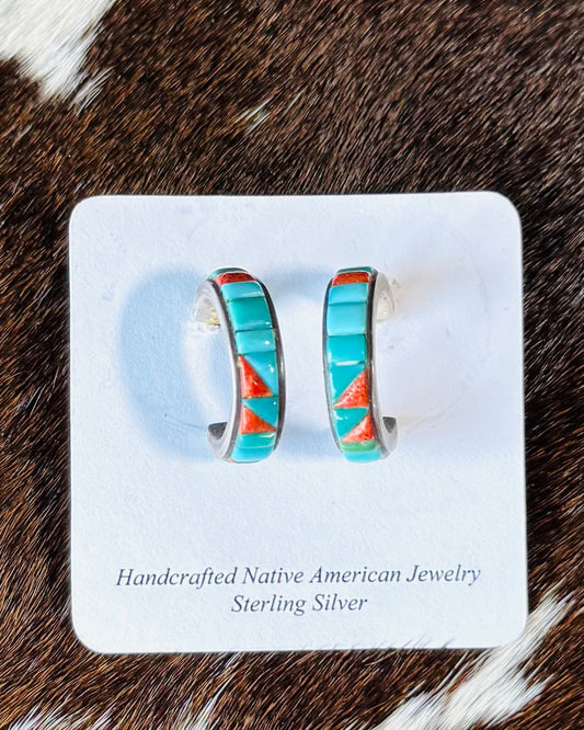 Vintage Turquoise Inlay Half Hoops *Native