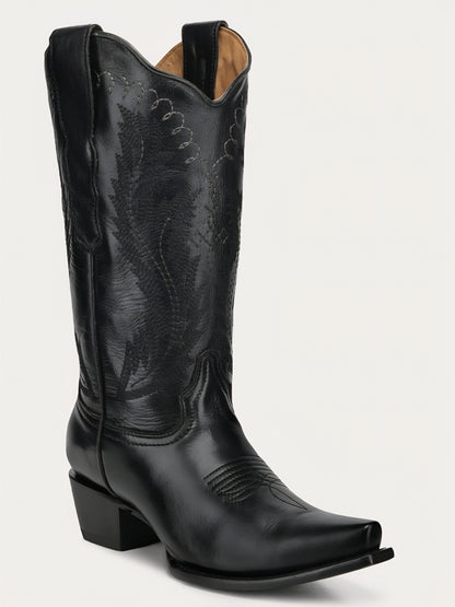 Black Embroidered Snip Toe Boots