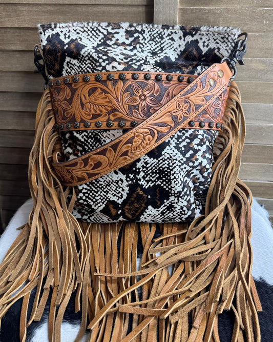 AD Snake Print Tooled Fringe Bag