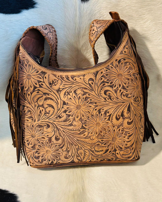 Tooled Flower Fringe Shoulder Bag