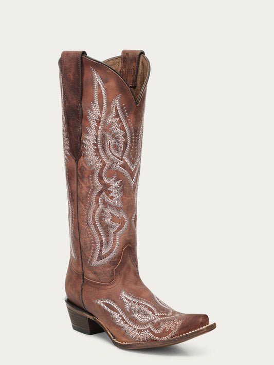 Brown Embroidered Snip Toe Boots