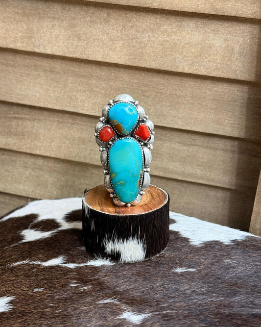 Turquoise 2 Stone & Coral Ring