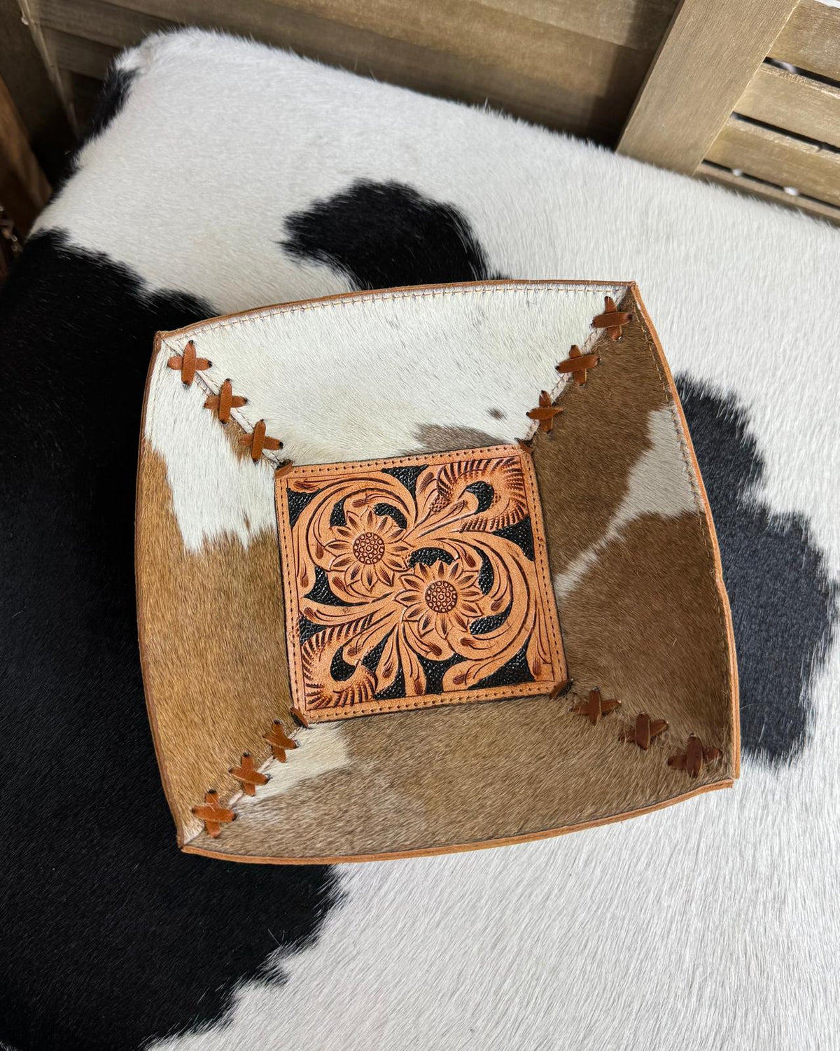 Caramel Tooled Cowhide Catch All Bowl