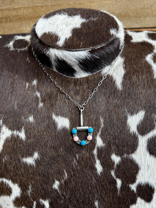 18.5" Pink Conch & Turquoise D-Ring Bit Necklace