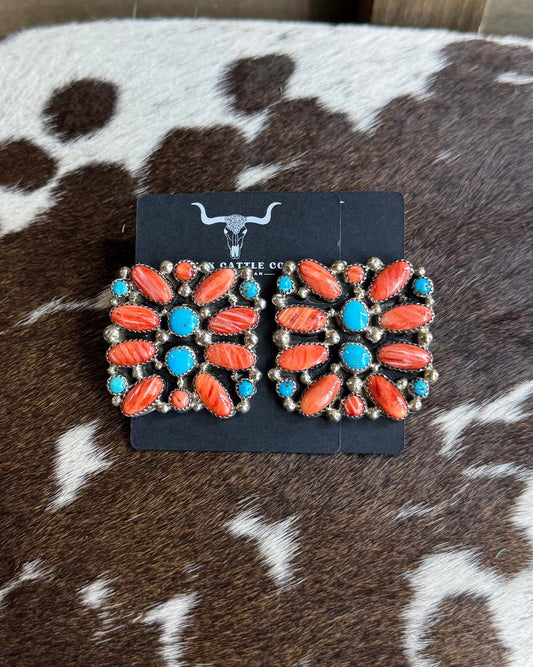 Vintage Spiny & Turquoise Cluster Earrings *Native