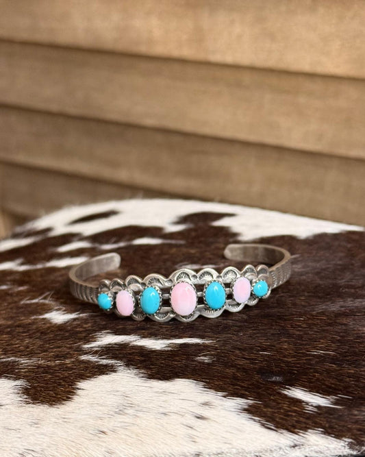 Turquoise & Pink Conch Round Cuff *Native