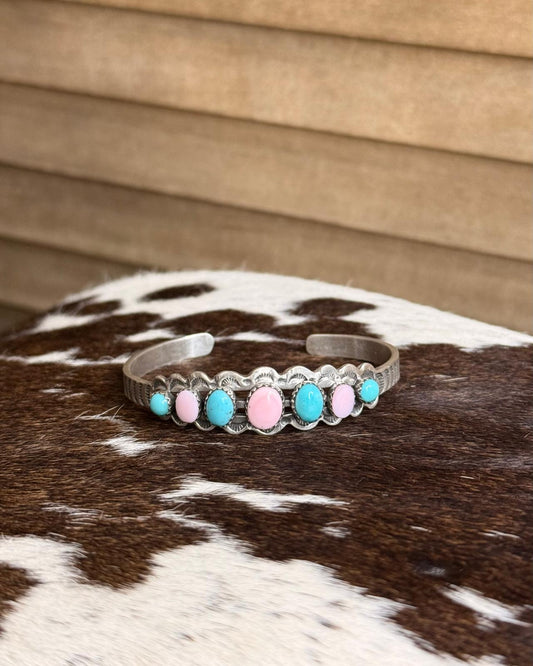 Turquoise & Pink Conch Round Cuff *Native