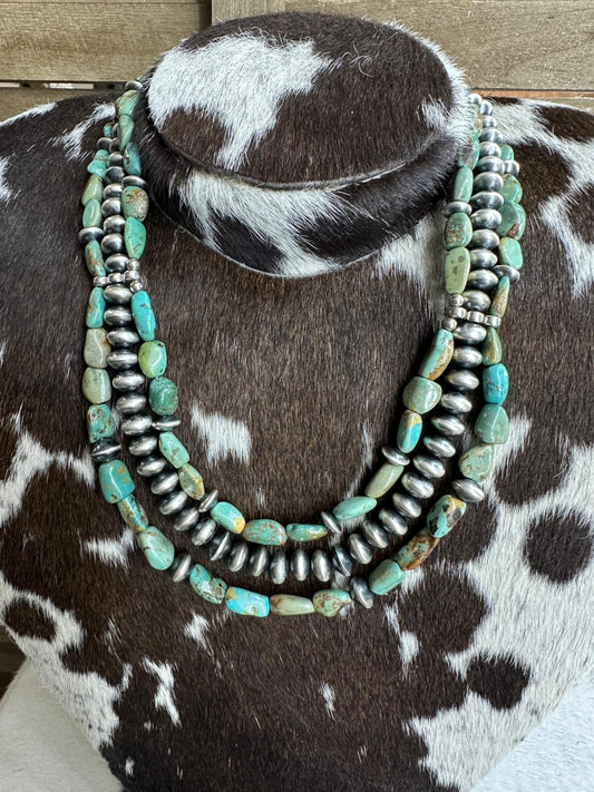 3 Strand Navajo Pearl & Natural Turquoise Nugget Statement Necklace