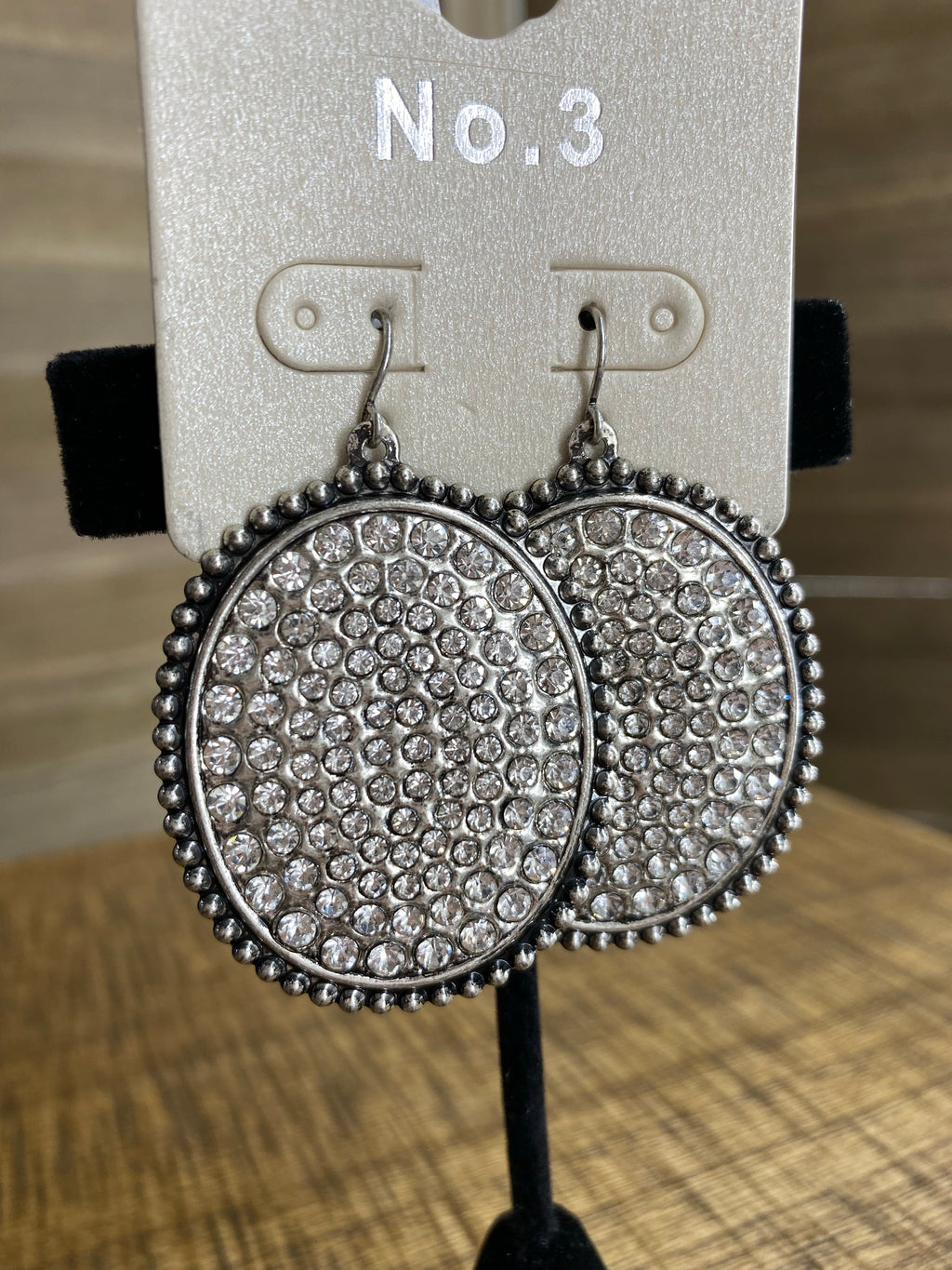Silver Rhinestone Oval Concho Earrings